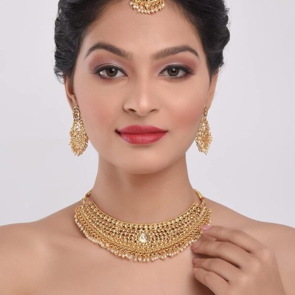 Indian Bridal Jewelry Set Copper Metal Faux Pearl Rhinestone Earrings - Picture 3 of 5